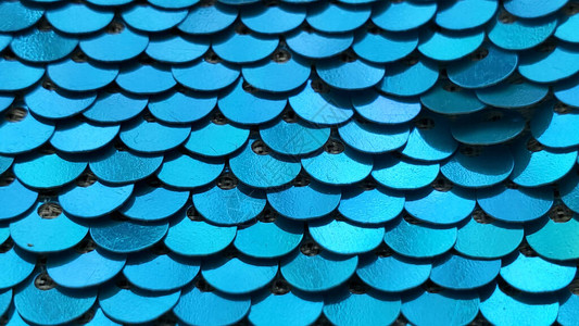 软聚焦于蓝色闪亮晶片纹理绿松石光状织物表面闭合带有鱼规模图案的图片