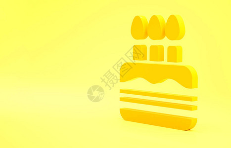 黄色蛋糕与燃烧的蜡烛图标隔离在黄色背景生日快乐极简主义概念3d插图图片