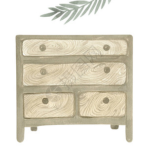白色背景的木制抽屉箱水彩色插图现代布霍风格家具块Bo图片