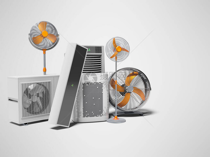 3d使概念风扇空调机和便携式空调机产生灰色图片