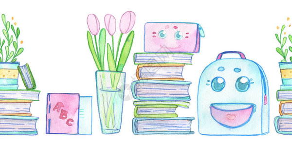 学校背包书籍课本笔记本铅笔盒花盆瓶水彩铅笔可爱幼稚微笑图案图片