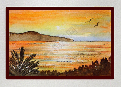 橘色大海与岸山和鸟的剪影水彩手绘图片