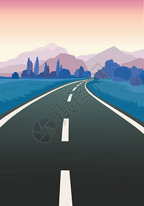 公路旅行平面手绘插图卡通山森林景观公路地平线与柏油蜿蜒的道路树木天空夏季旅行背景图片