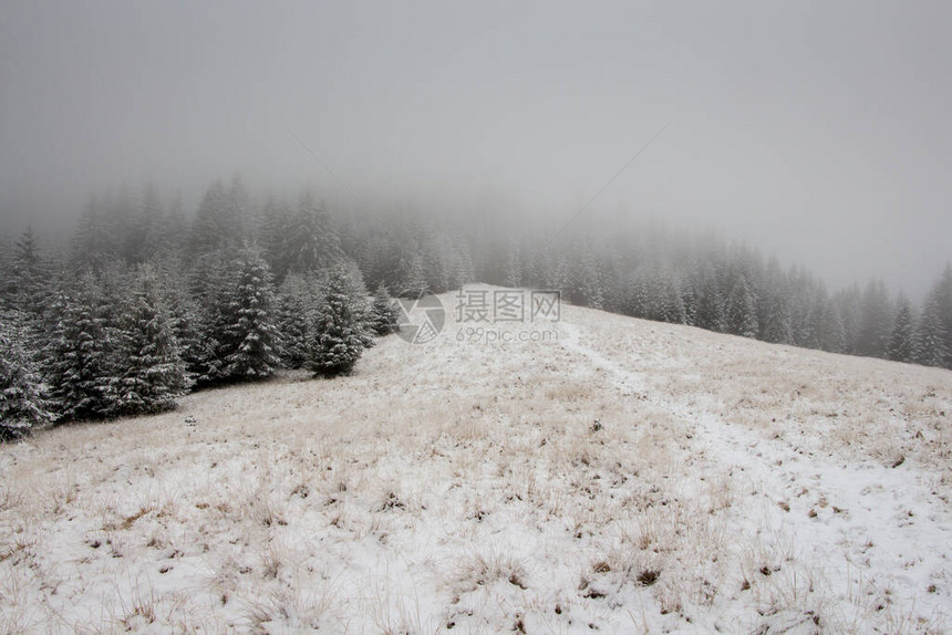 山中雾蒙的冬季景观图片