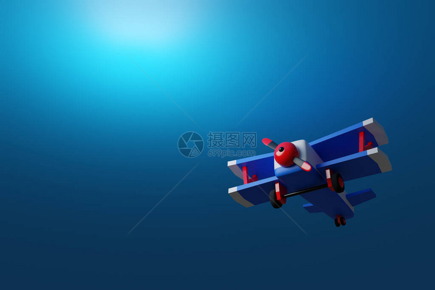 蓝色背景上卡通风格的蓝红色飞机的3d插图有趣的飞机项目天空图片