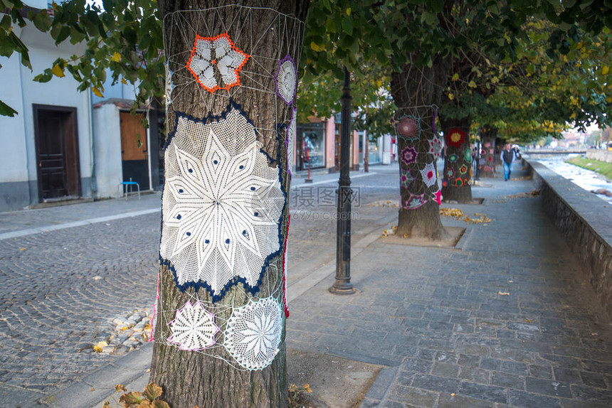 树干上的针织羊毛覆盖物科索沃普里兹伦的传统巴尔干风格针织罩热爱大自然图片