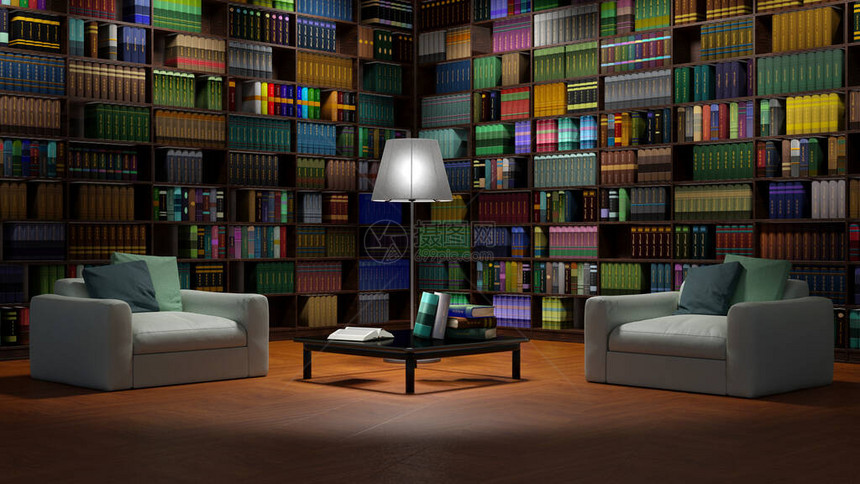 3D插图大书架插入一个优雅的客厅木制家具和照明创图片