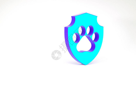 绿松石动物健康保险图标孤立在白色背景宠物保护图标狗或猫爪印极简主义概念3d插图背景图片