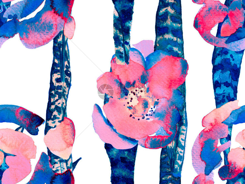 经典的蓝色和靛蓝夏季花卉背景植物森林插图水彩叶无缝图案复古生态报告异国情调的泳装设计图片