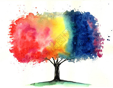 彩虹木的抽象水彩风景用于设计背景图片