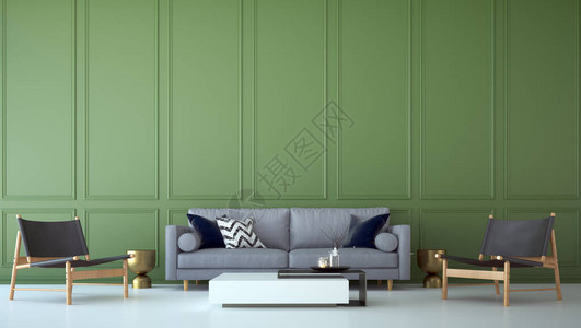 现代家居中美丽的绿色客厅和墙壁图案图片