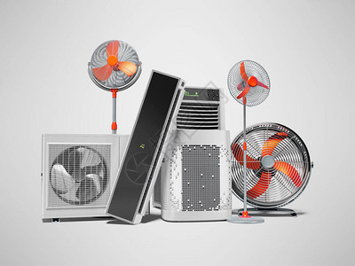 3d使橙色风扇空调机和便携式空调机产生图片