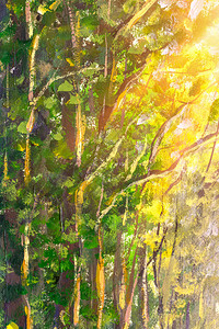 垂直油画太阳森林公园景观美丽的太阳树和画布上树林中的花朵阳光明图片