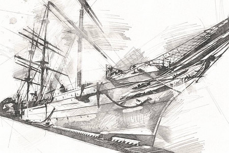 古董船海动机画手工插图艺术复古画背景图片