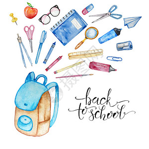 插图学校背包学校用品和文具与返校刻字背景图片