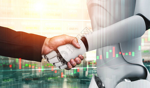 3D让人类机器人与股票市场交易图表握手图片