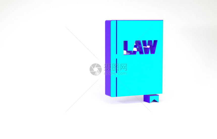 绿松石法律书图标孤立在白色背景上法律官书判断概念极简主义概念3d插图图片