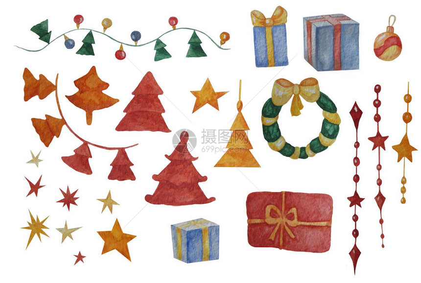 新年元素集花环和装饰品圣诞树和礼物星和圣诞花环圣诞节和新年设计和装饰在白色图片
