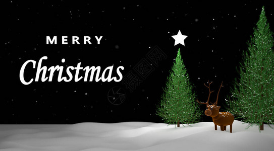 3D渲染插图驯鹿和松树在雪景与黑暗的天空圣诞快乐和新图片