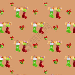 圣诞图案袜子红色和绿色与新年礼物适用于包装纸设计书籍插图圣诞请柬图片