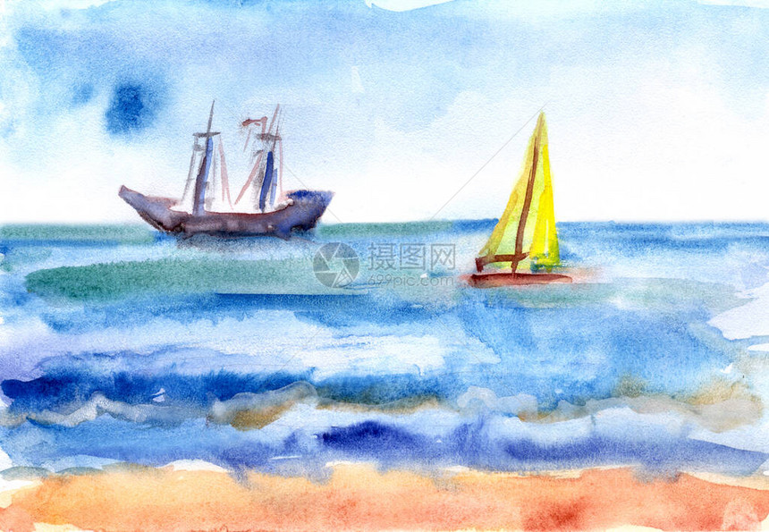 海景游艇和帆船水彩画旅行素描高品质照片图片