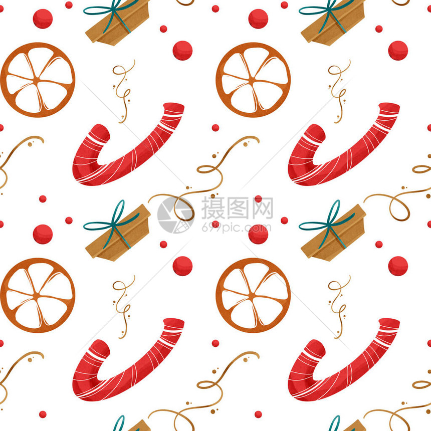 Kawaii舒适方形无缝图案新年装饰元素甘蔗棒糖在白色背景带纹理的平面数字艺术用于包装纸织物纺织品壁纸图片