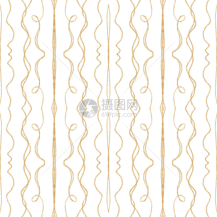 卡哇伊舒适方形无缝图案金色波浪线白色背景带纹理的平面数字艺术用于包装纸织物纺织品丝带壁纸图片