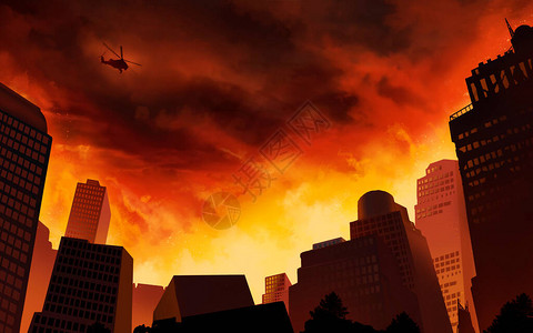 燃烧的城市与摩天大楼黑色的天空破坏和灾难启示录3d插图现实背景图片