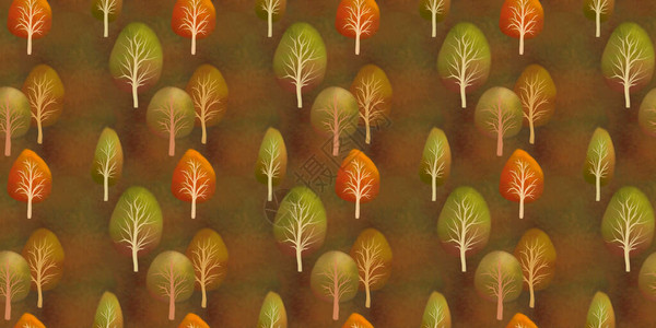 秋季几何无缝图案与手绘程式化的树木图片