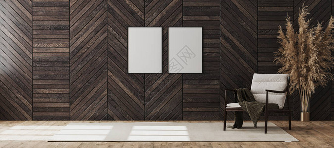 空白海报框在空荡的现代房间内部背景中模拟图片