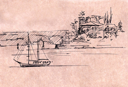 以城市为背景的帆船图形绘图旅行素描图片