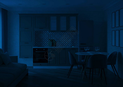 现代厨房室内晚上夜光图片