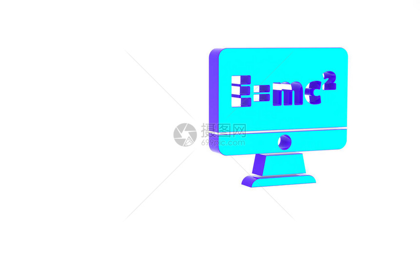 在白色背景上隔离的计算机监视器图标上方程解的绿松石数学系统E等于计算机屏幕上的mc平方程极简主义概念3d插图图片