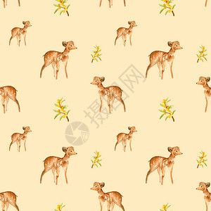手绘小鹿线稿森林鹿和黄沙棘的水彩无缝图案适用于纺织品设计明信片印刷和标志设背景