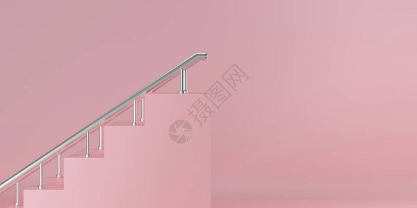 将粉红楼梯和金属扶手放在粉红背景上图片
