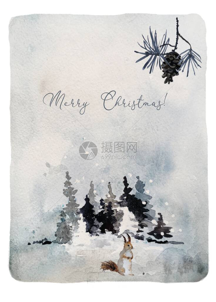 圣诞节或贺卡的水彩冬季风景背图片
