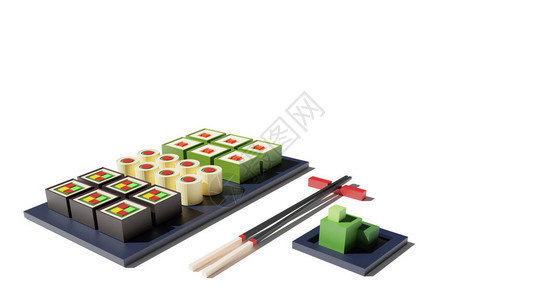 寿司设置3d渲染低聚模型白色背景上的寿司卷芥末和筷子日本料理图片