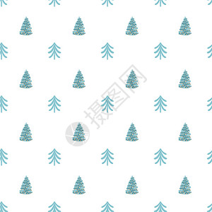 无缝图案用简单的圣诞树手画在白底图片
