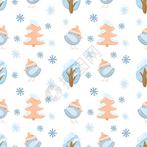 无缝模式有可爱的冬鸟树木和雪花手画图片