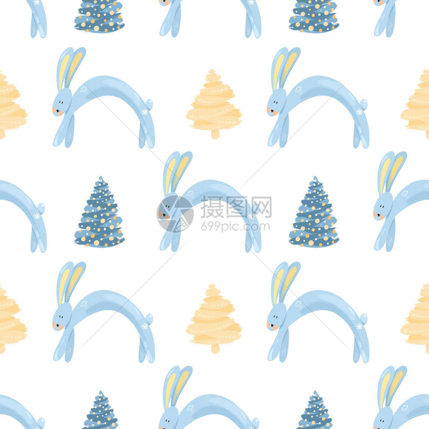 无缝模式有趣的冬兔子和圣诞树手画图片