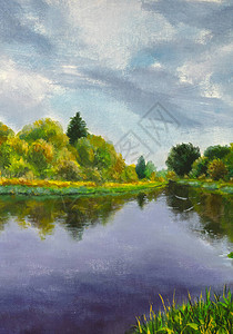 水彩色油画说明河流附近一个秋图片
