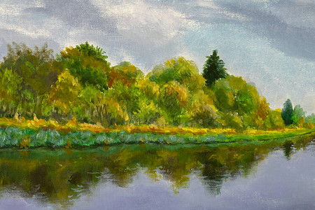 质地图案油画布这幅画描绘了湖泊河流池塘上的秋天树木一年中的美好时光对图片