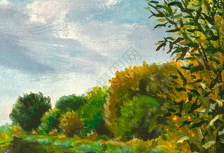 油画风景绿色橙秋天树森林和蓝天自图片