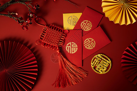 中国风扇子装饰新春新年烫金红包背景