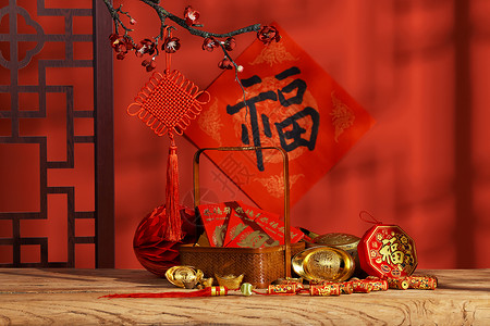 新春祝福红包桌面上摆放的新年红包与金元宝背景