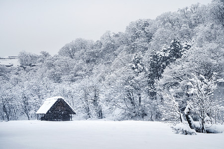 大雪封山冬季山脚下皑皑白雪中的森林小屋背景