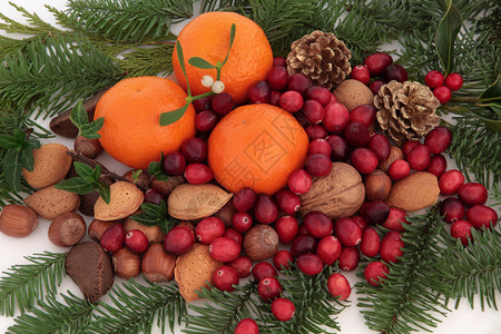 圣诞多明我会橙子和红莓果坚果胡椒叶香料寄生虫松瓜和蓝豆卷背景
