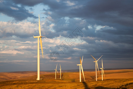 巨型风车日落在华盛顿东南部的草原滚动山丘图片