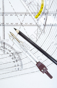 用圆规尺子和铅笔计划特写照片图片