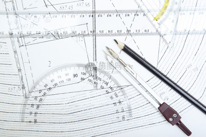 用圆规尺子和铅笔计划特写照片图片